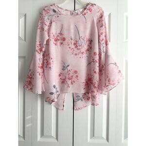 LC Lauren Conrad Blouse Size S Pink Floral Asymmetrical Bell Sleeve Pullover